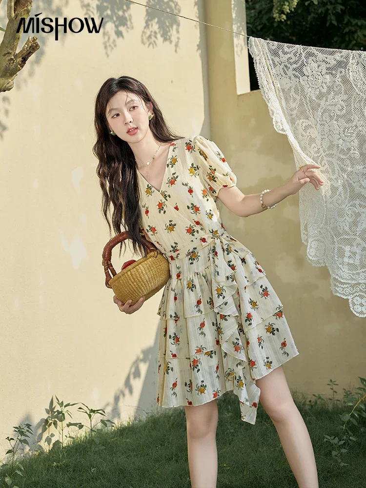 MISHOW French Floral Chiffon Dress for Women 2024 Summer Layered Cake Hem Waist Strap V Neck Slim Holiday Dresses MXD24L1861