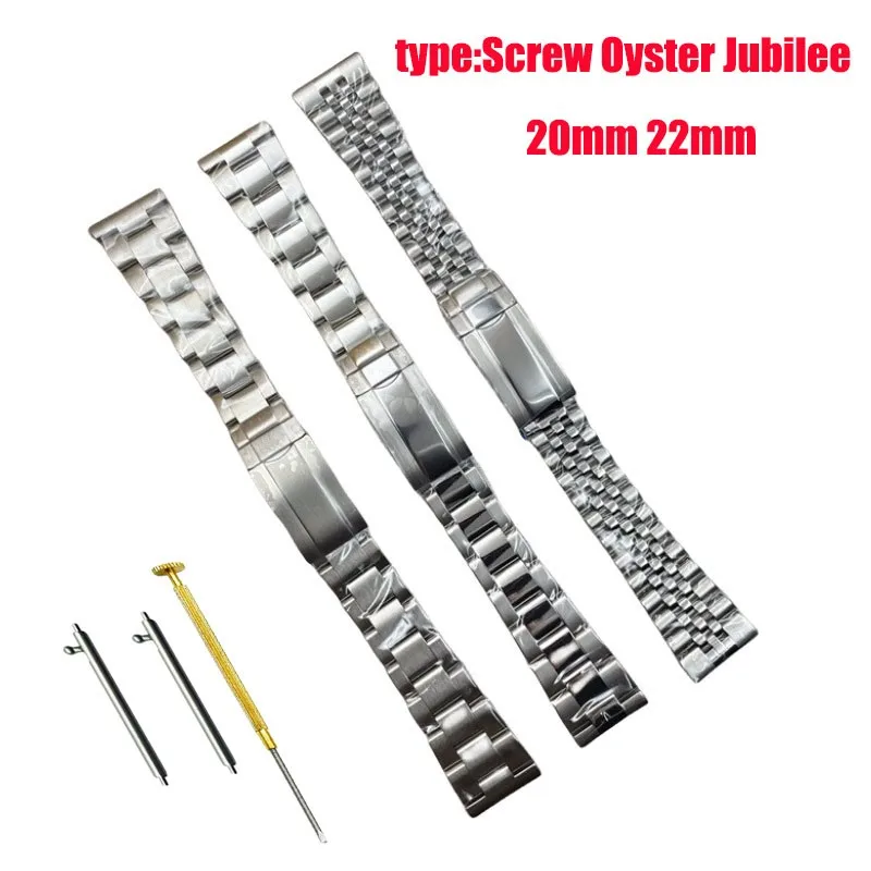 Jubilee 20mm 22mm Screw Solid 316L Stainless Steel Universal Straight End Silver Oyster Watch Strap Band Fits for RLX SUB GMT