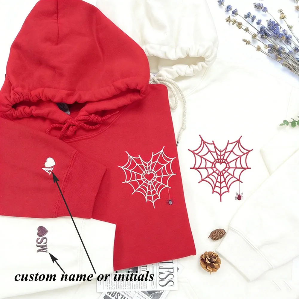 Spider Web Heart Custom Couple Hoodie Personalized Name Icon Valentine Day Matching Sweatshirts Unisex Warm Drawstring Hoodie