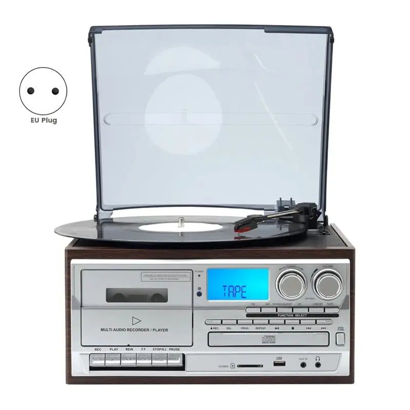 AA67-Retro Vinyl Turntable 3-Speed Phonograph Record Player Multi Functions With AM/FM Radio CD/Cassette