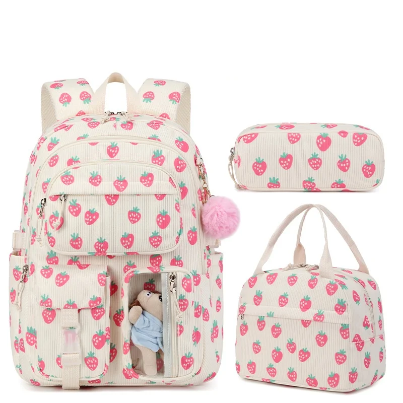 Corduroy Backpack Three Piece Set Strawberry Print Daily Casual Backpack Niche Large Capacity Commuting Light Backpack
