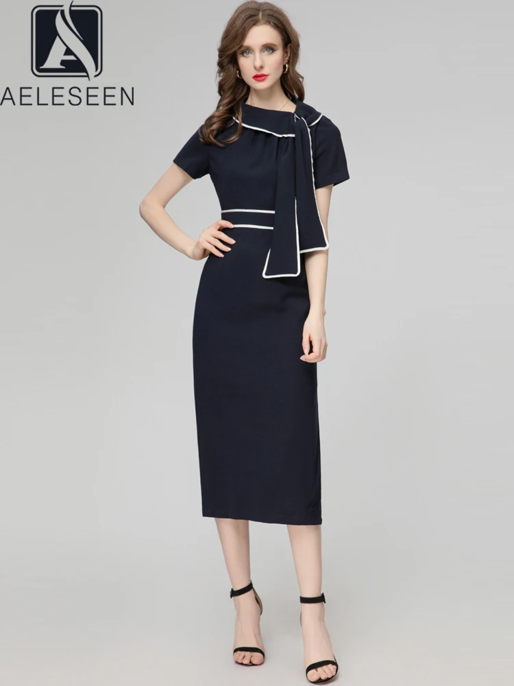 

AELESEEN Office Ladies Summer Dress Designer Fashion Bow Patchwork Striped Split Slim Elegant Midi Holiday Vacation