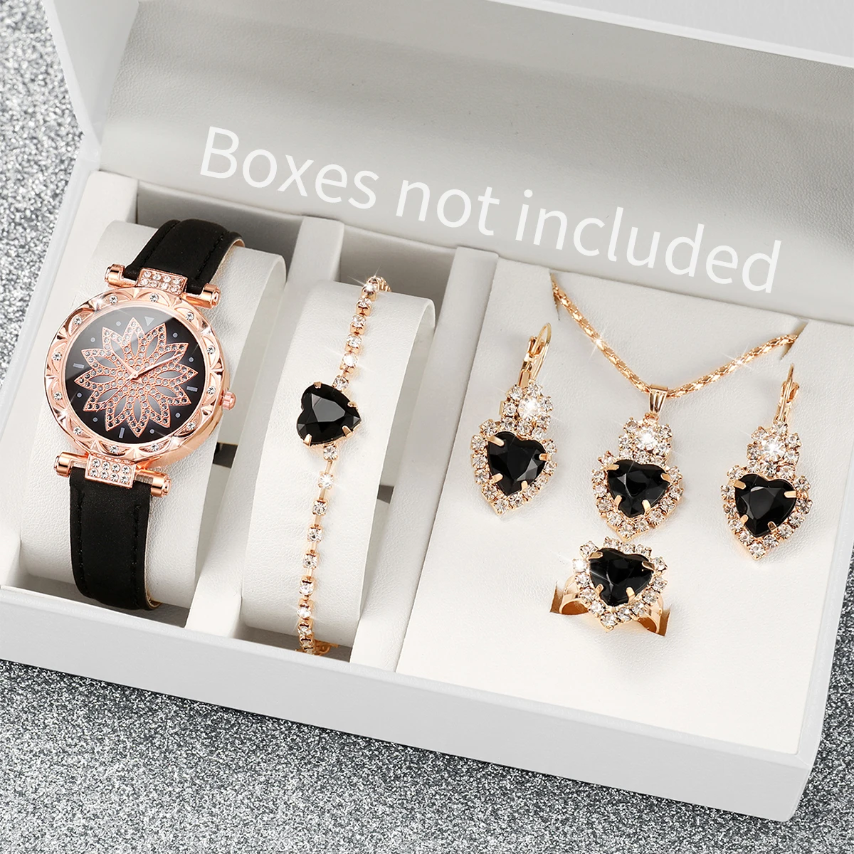 6PCS/Set Fashion Rhinestone Flower Women\'s Watch Leather Band Quartz Watches Hearts Jewelry Set（Without Box）