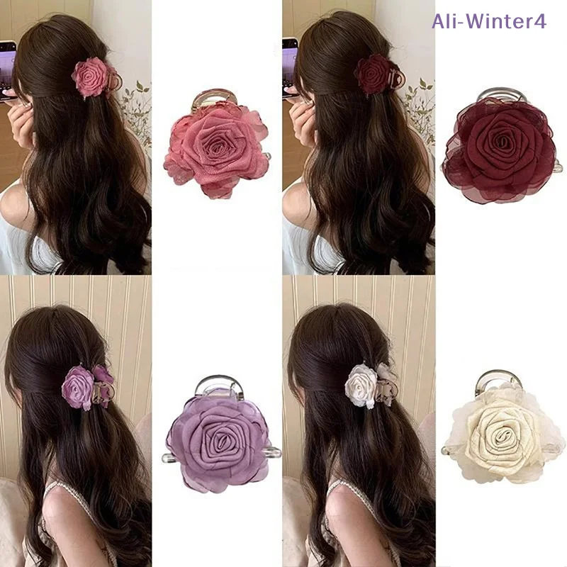 

【Winter4】Elegant Rose Flower Hair Claw For Woman Temperament Shark Clip Sweet Hair Ornament Back Head Floral Hair Clip Hairpin