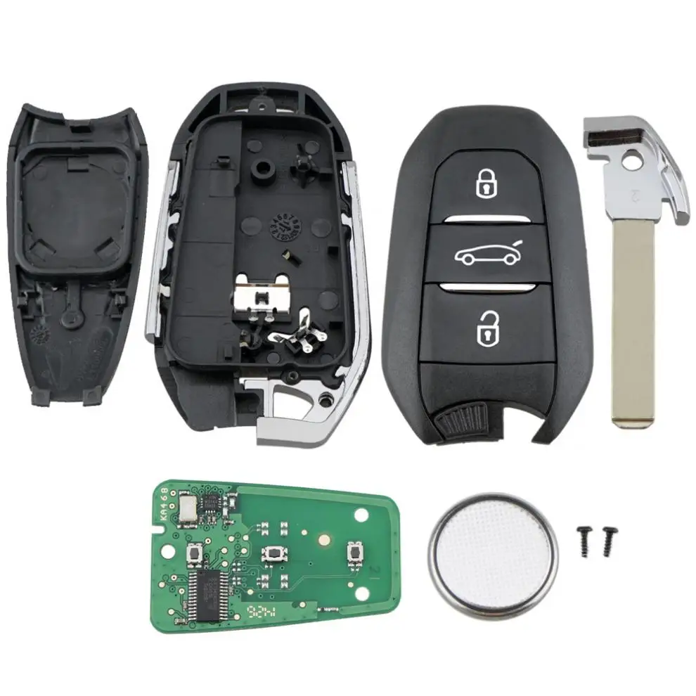 Capa para chave remota de carro com 3 botões, compatível com peugeot 308 408 508 5008 433mhz, capa inteligente sem chave com chip 4a