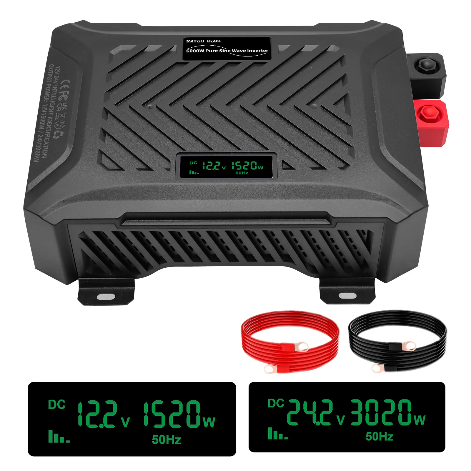 DATOUBOSS 12V/24V naar 230V 1500W/3000W, zuivere sinusomvormer 3000W/6000W piekvermogen, met LCD-scherm met intelligent detectiesysteem - afbeelding 1