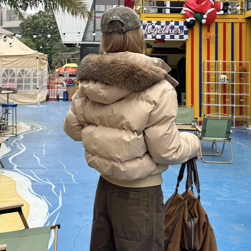 Women's Winter Warm Jacket Korean Thickened Big Fur Collar Hooded Outerwear Fashion Casual Detachable Short Cotton-Padded Coat