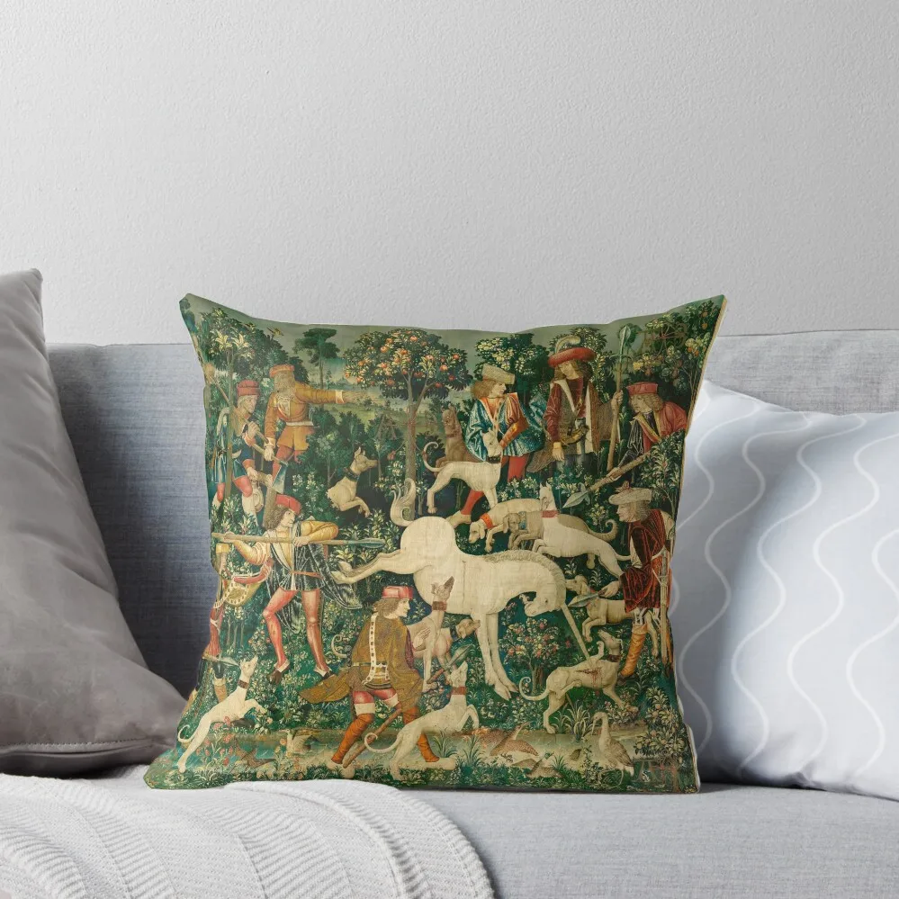 

The Hunt of the Unicorn Tapestry. The unicorn defends himself (From Unicorn tapestries) Throw Pillow