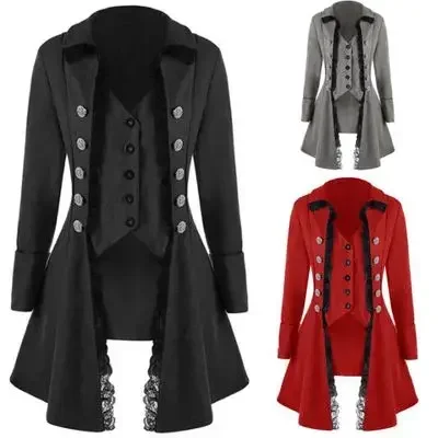 

Vintage Women Gothic Lapel Jacket Victorian Steampunk Lace Trenchcoat Button Tunic Coat Retro Medieval Slim Long Sleeve Tailcoat