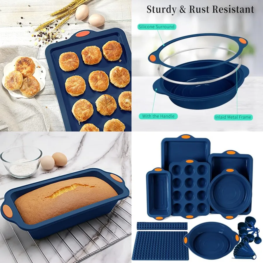 

8 in 1 Silicone Baking Set - 6 Cake Molds - 2 Silicone Baking Mat, Nonstick Cookie Sheet, Cake Muffin Bread Pan with Grips and