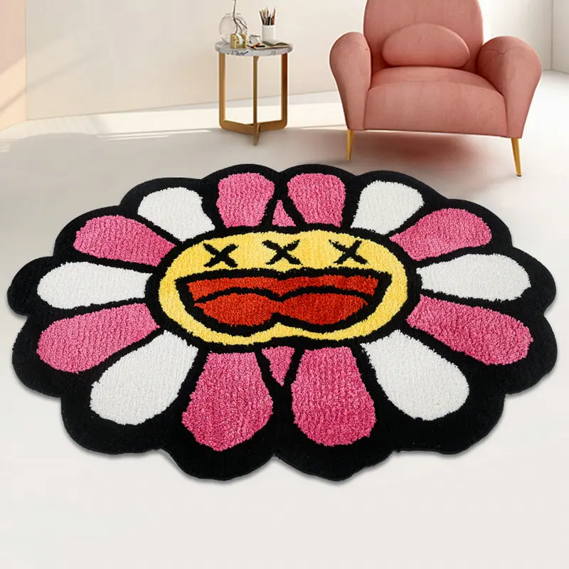 

Smiling Face Flower Handmade Tufted Rug for Living Room Bedroom Decor Soft Plush Carpet Bedside Area Rugs Bathroom Floor Mats