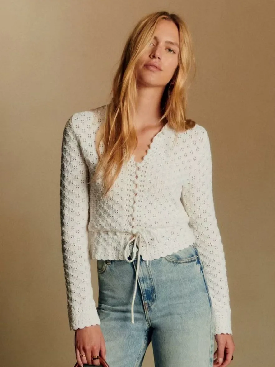 

Pure Cotton Hand-Knitted Hollow out Cardigan Sweater with Dstring Belt Autumn Winter New Sle Commute Sle Slim Fit Long...
