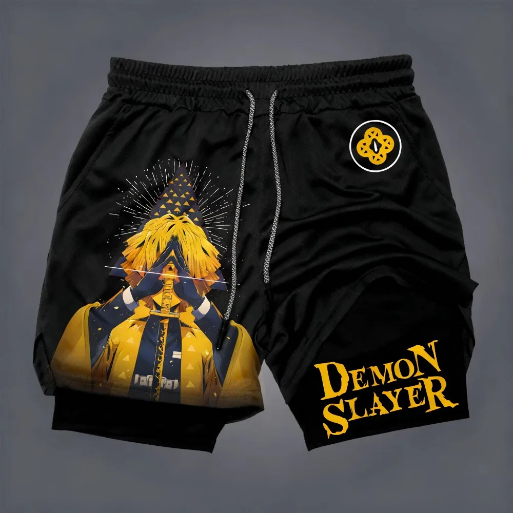 Pantalones cortos Demon Slayer de doble capa para hombre Tengen Uzui, pantalones cortos deportivos de dos piezas falsos de Anime japonés de verano, pantalones cortos de secado rápido para Fitness
