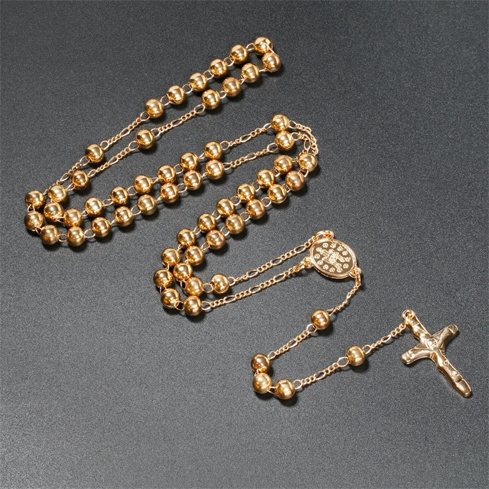 Vintage Cross Pendant Necklaces Gold Silver Color Rosary Metal Beads Chain Jesus Crucifix Virgin Mary Fashion Women Men Jewelry