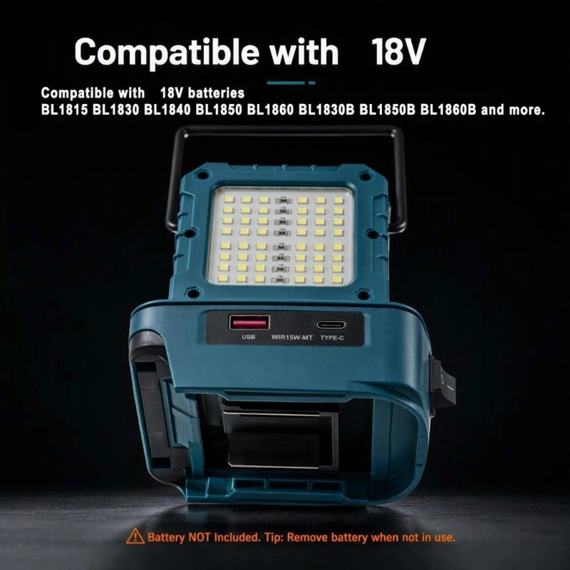   USB C Output LED Work Light with Carry Handle, Broad Light Panel, and ABS Housing for MT 18V Battery Workshop Tasks