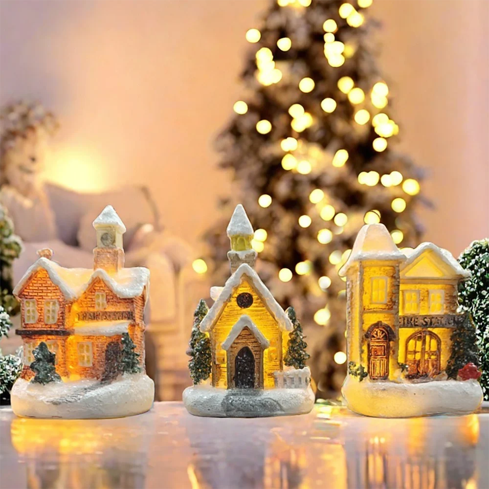 

Светящиеся красочные/серые украшения для дома, рождественские зимние дома, смола ручной работы со светодиодной подсветкой, украшения для праздничных вечеринок