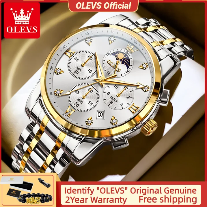 

OLEVS 3655 Кварцевые часы для мужчин Многофункциональный хронограф Водонепроницаемый ремешок из нержавеющей стали с фазой Луны Оригинальные мужские наручные часы