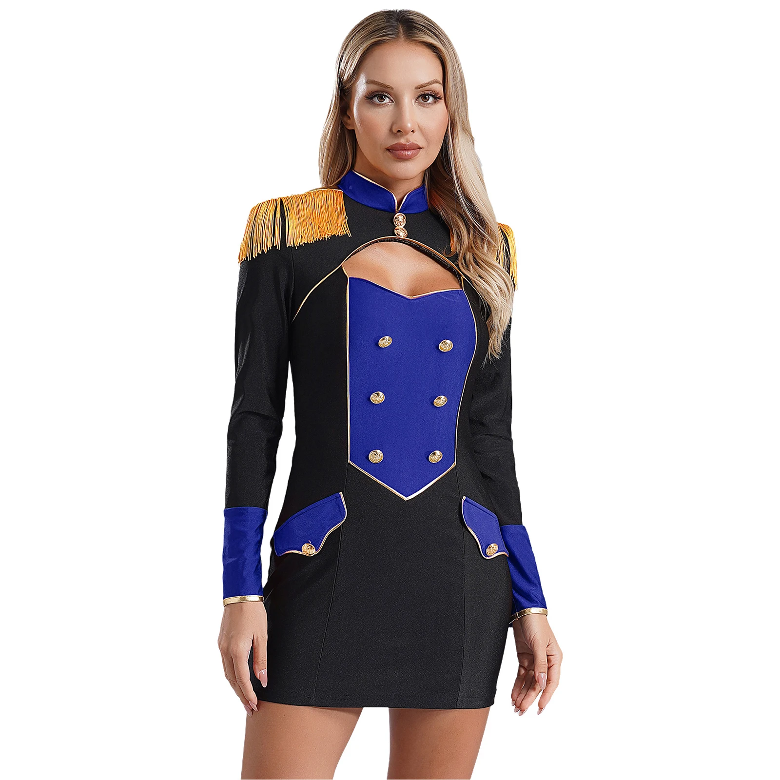 Womens Circus Ringmaster Halloween Cosplay Costume Dress Long Sleeve Tassel Vintage Buttons Cutout Bodycon Dress Fancy Carnival