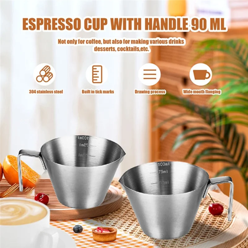 

A83I-Чашка для эспрессо с ручкой, аксессуары для эспрессо из нержавеющей стали, металлический мерный стакан с носиком и шкалой, 3,4 унции/100 мл