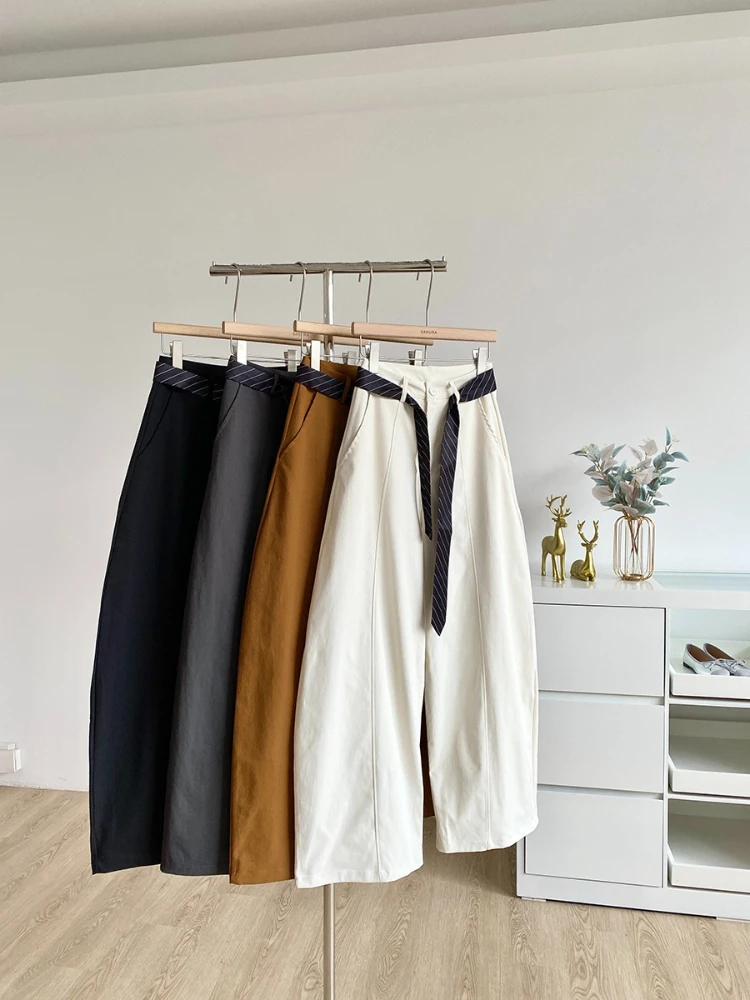 2025 خريف جديد الكورية نمط تصميم عصري فضفاض عالية الخصر تنوعا سراويل تقليدية الصلبة بنطال ذو قصة أرجل واسعة للنساء