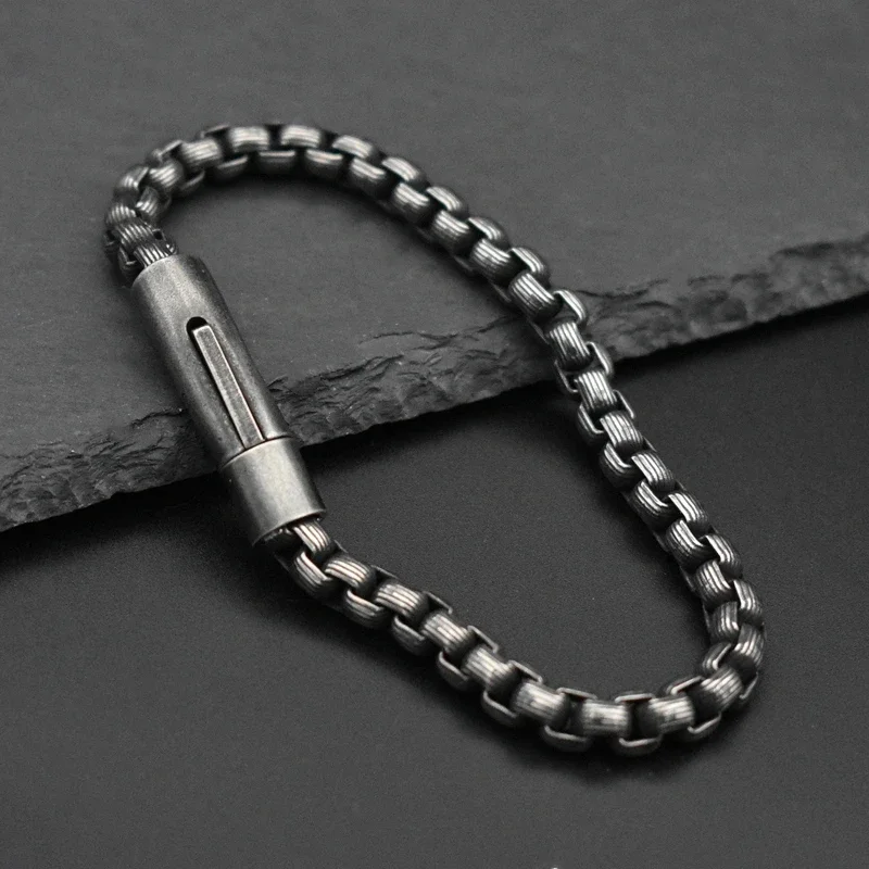 Men's Bracelets Stainless Steel Box Link Chain Vintage Black Color Spring-loaded BucklesBracelet for Men Jewelry