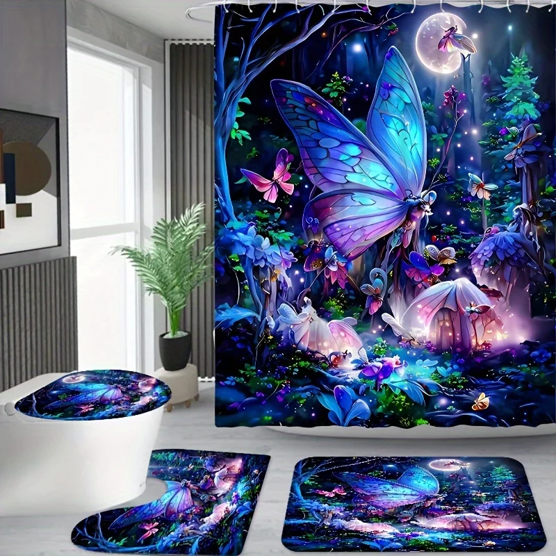 

4pcs Butterfly Shower Curtain Set , Dreamy Pattern Bathroom Decor Includes Hooks and Non-Slip Mat