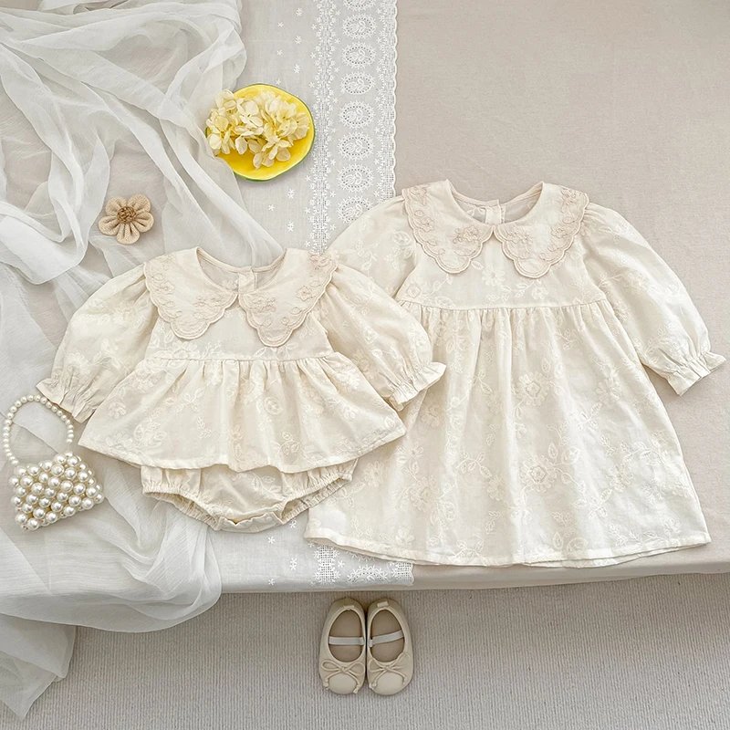 

Autumn Baby Bodysuit Sisters Dress Flower Embroidery Dress Infant Girls Toddler Outfit Baby Girls Rompers Family Sister Dress