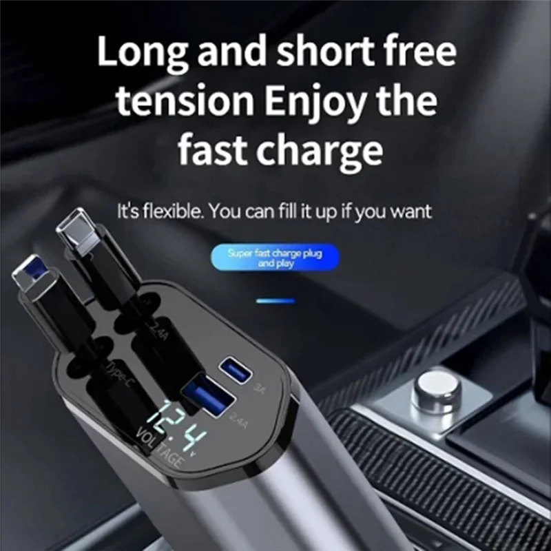 

Car Retractable Car Charger 2 USB Ports Support 120W Super Fast Charge Flash Charge 4-In-1 Cigarette Lighter