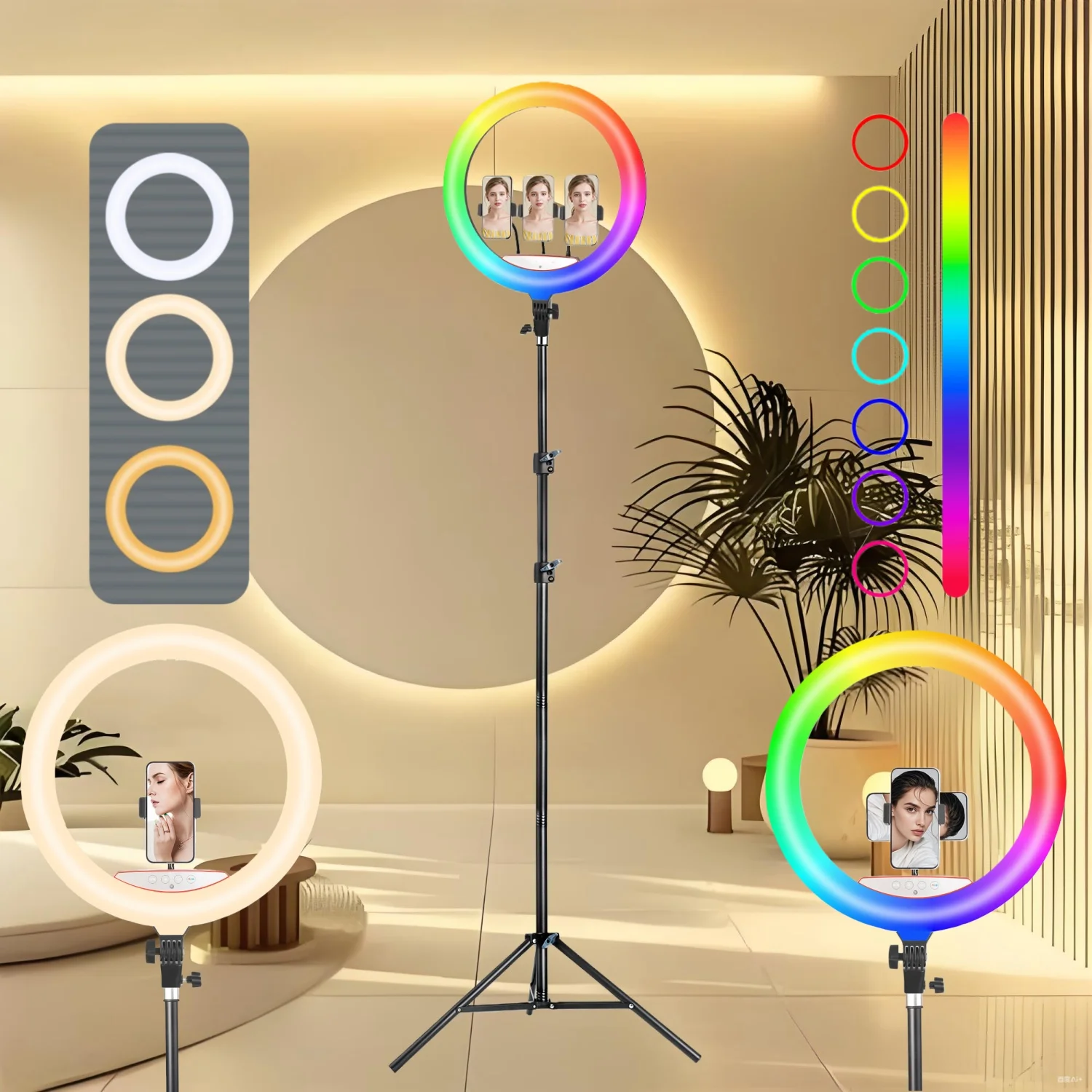 مصباح حلقي ثلاثي الألوان مقاس 18 بوصة مع حامل ثلاثي القوائم قابل للطي بطول 1.86 مترًا و3 حوامل للهاتف - أوضاع ألوان RGB قابلة للتعديل، وإضاءة احترافية