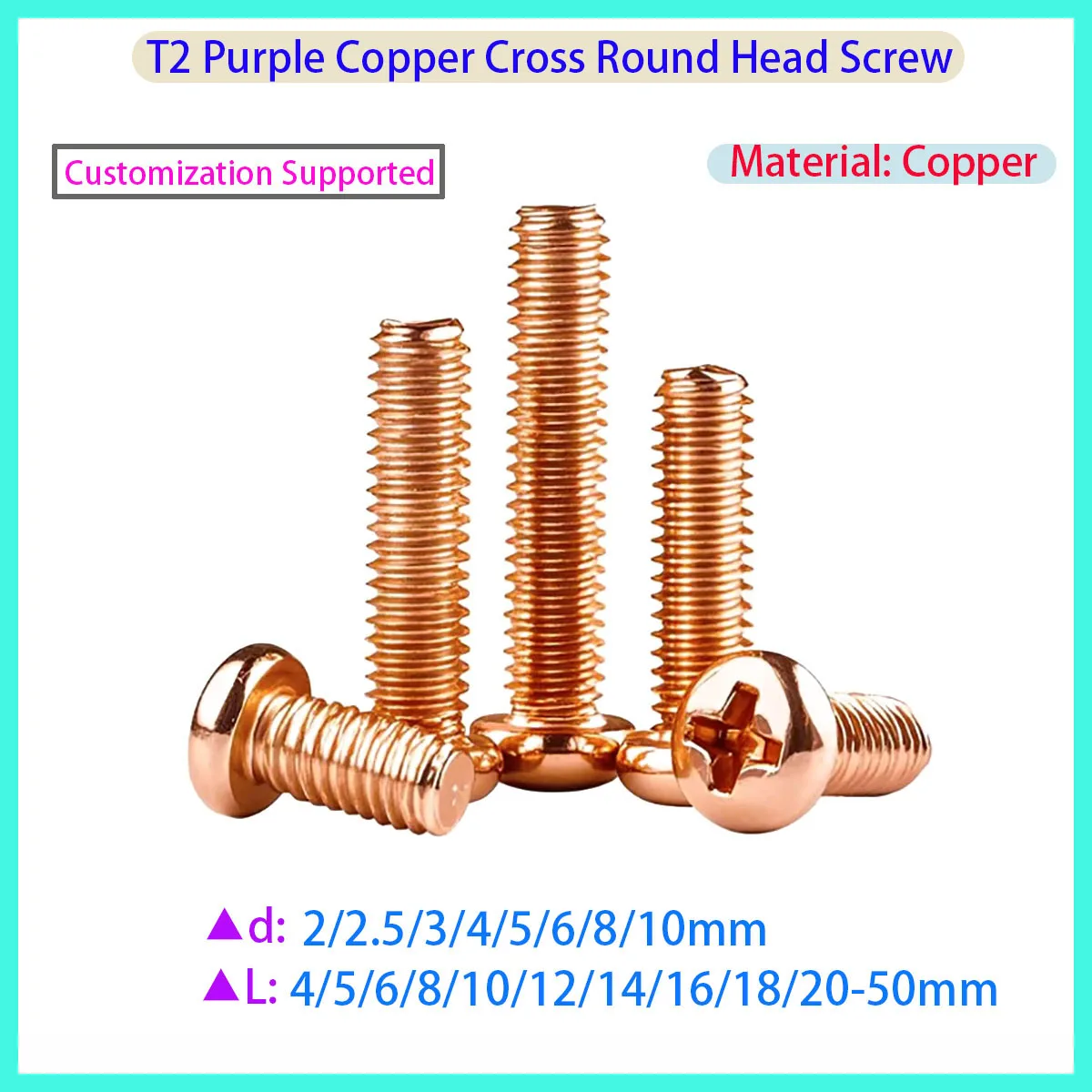 

T2 Pure Copper Cross Pan Head Machine Screws Red Copper Conductive Electrical Connection Screws for Wiring Terminals M2-M10