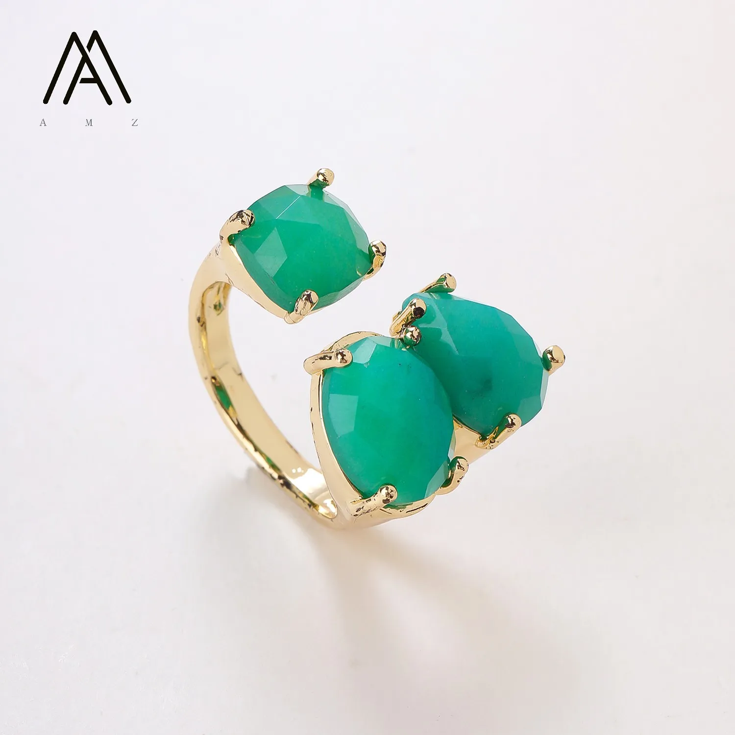 18K Gold Plated Ring Pink Crystal Ring for Women Light Luxury Adjustable Open Band Ring Natural Stone Rose Quartz Green Jade