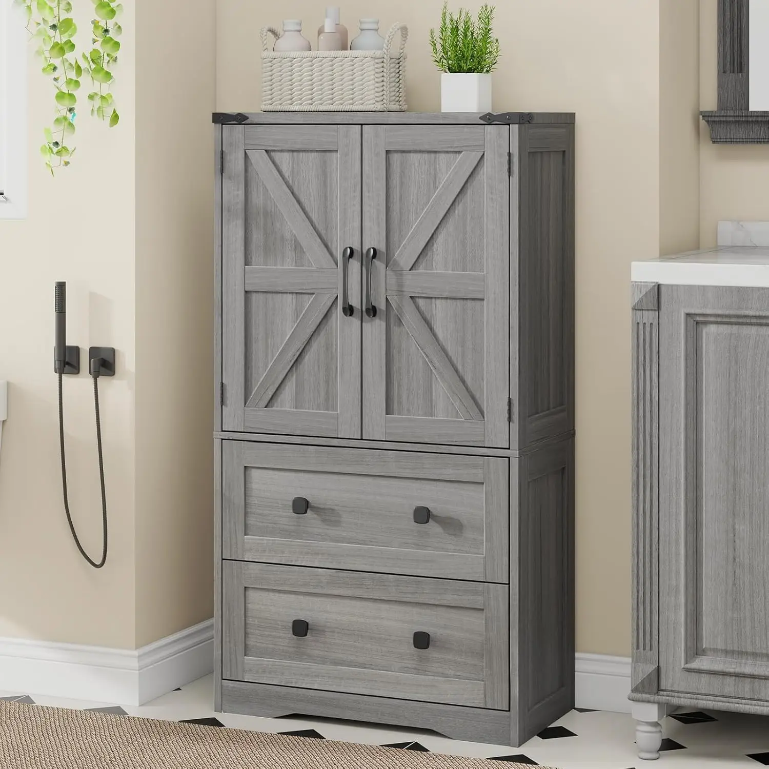 

Farmhouse Bathroom Storage Cabinet with 2 Big Drawers and Barn Doors, Kitchen Pantry, Freestanding Storage Cabinet with