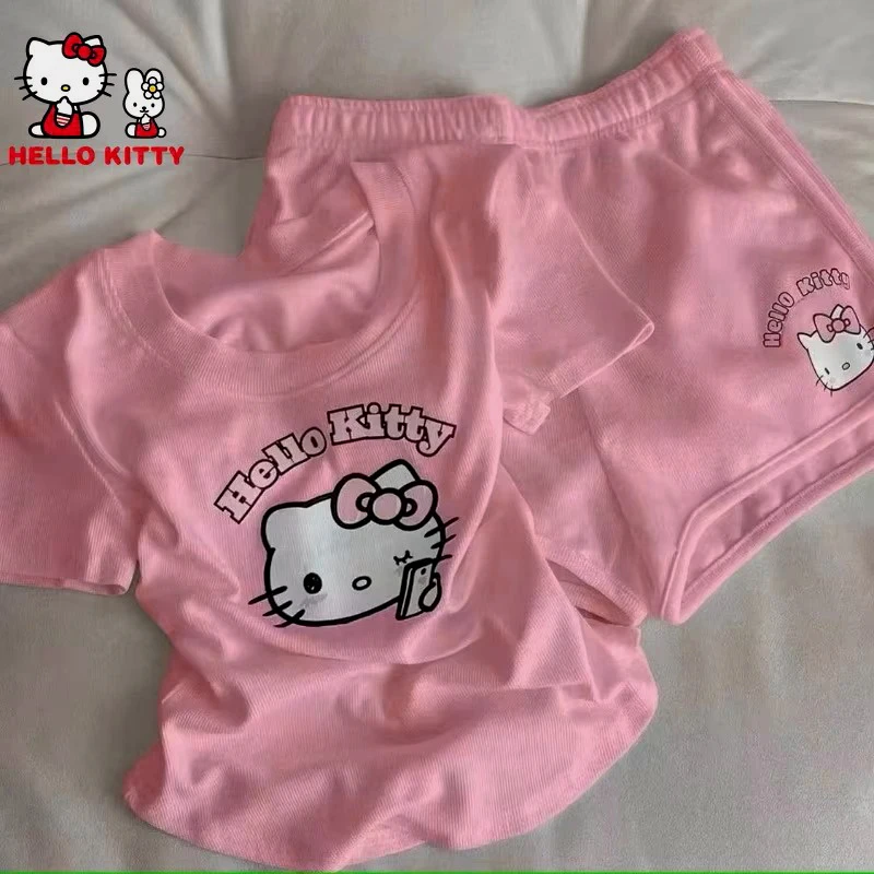 Cute Hello Kitty Cartoon Anime Printing T Shirt Short-sleeved Blouse Shorts Two-piece Kids Summer Suit Cropped Top Slim-fit New