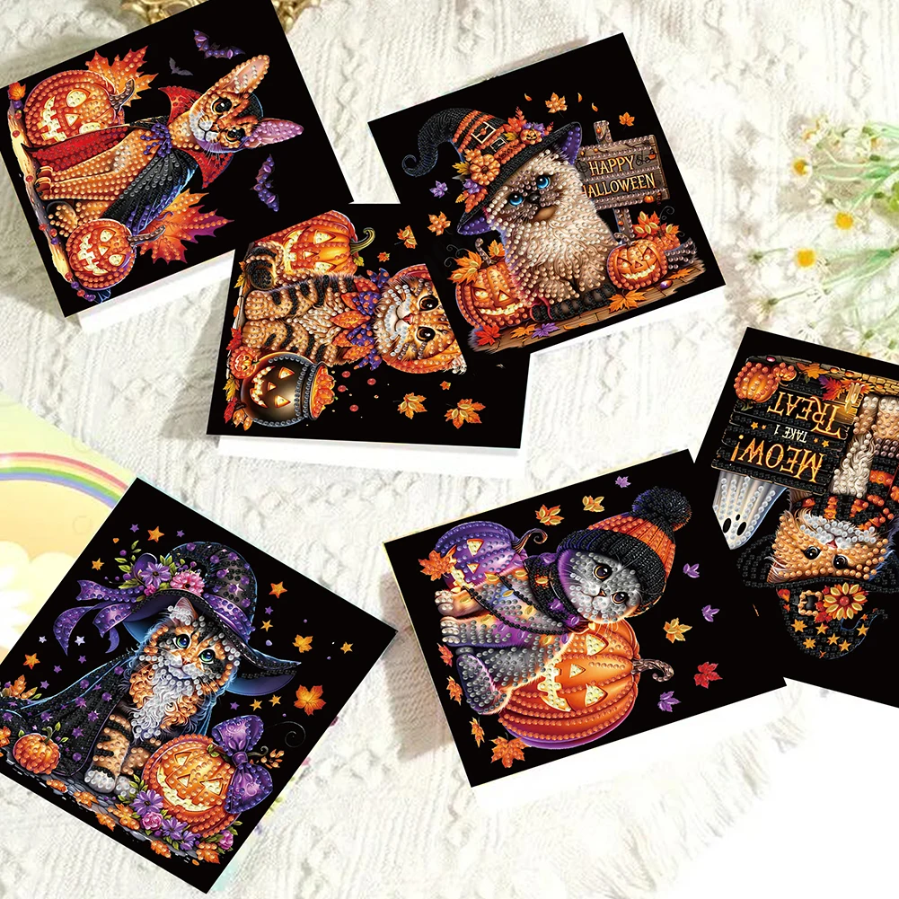 

6pcs DIY Rhinestone Diamond Art Mosaic Postcards Halloween Designs Diamond Art Handmade Cards for Festivals and Celebrations