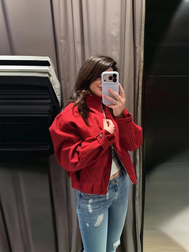 Guobioziy Women's Plaid Pilot Jacket 2026 Spring and Autumn European Fashion Casual Punk Slim Commuter Classic Street Style
