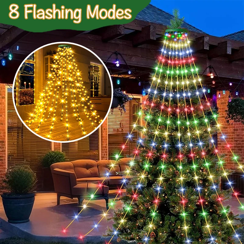 Solar Christmas Tree Lights String Outdoor/Indoor Star Waterfall Lights 8 Modes for Party Halloween Christmas Festive Decorator