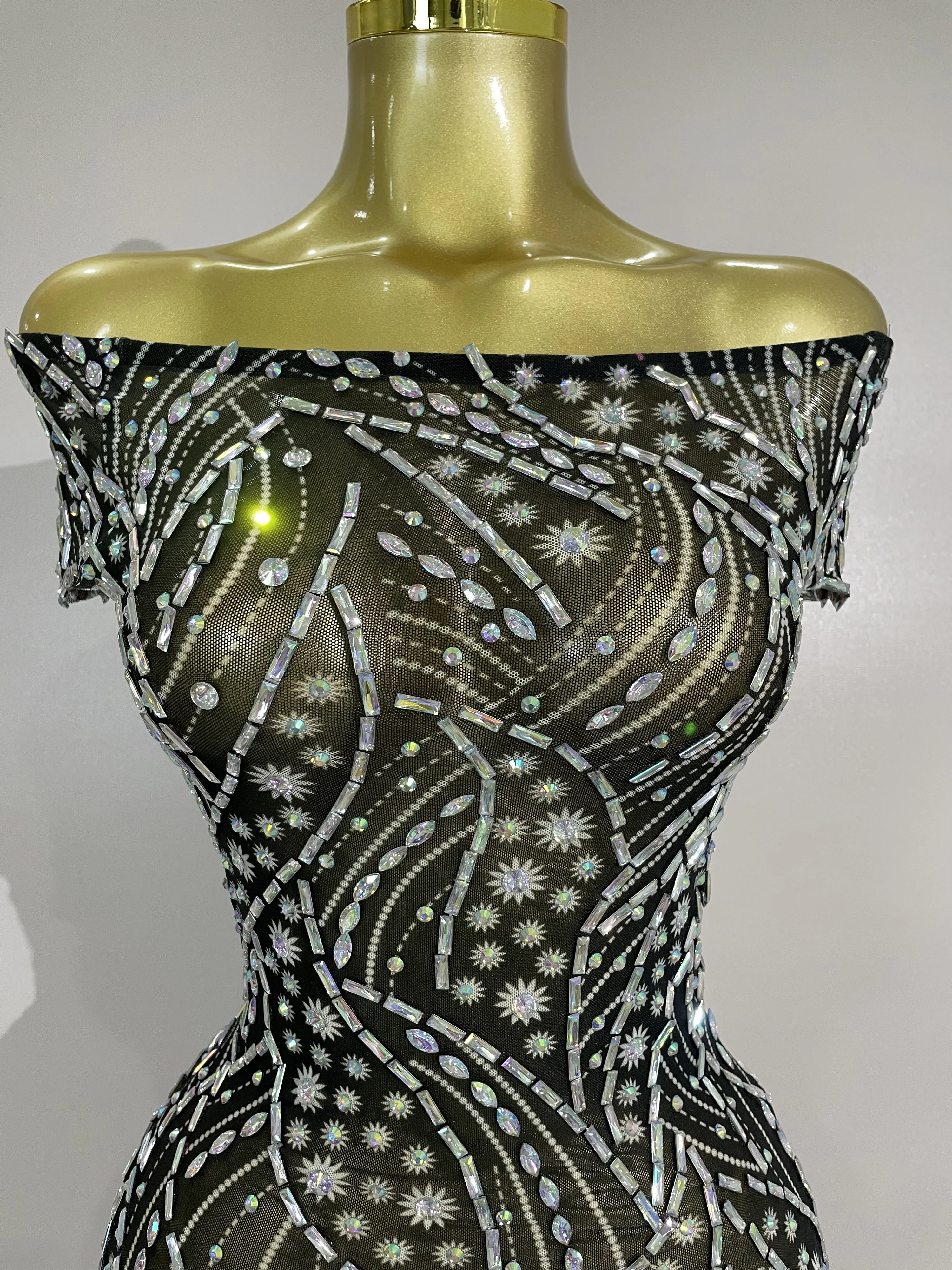 Sparkly Rhinestones Off-The-Shoulder Mesh Sheer Mini Dress Women Eveing Celebrate Birthday Party Sexy Nightclub Stage Costume