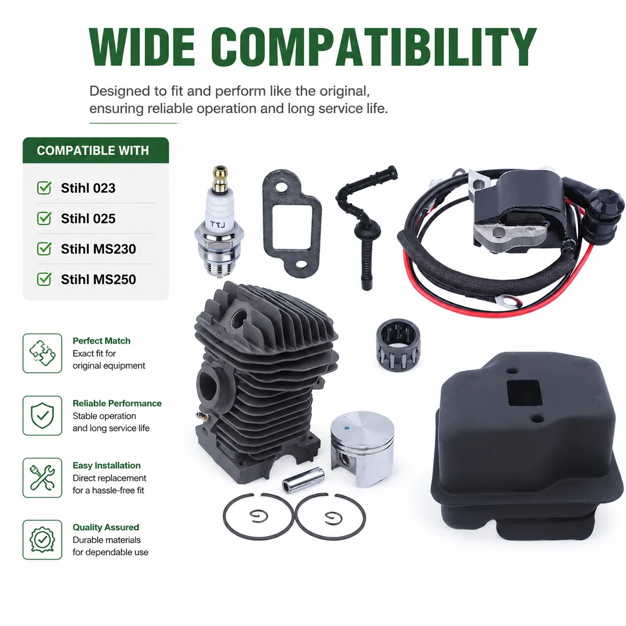 42.5mm Cylinder Piston Kit + Tune Up Kit for Stihl Chainsaws 023 025 Ms230 Ms250, 1123 020 1209, 1123 030 0408, 1123 140 0606