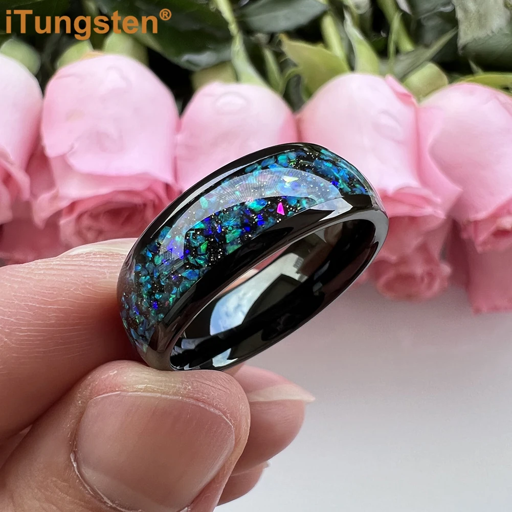 Anillo de ópalo de galaxia brillante iTungsten de 8mm para hombres y mujeres, banda de compromiso de tungsteno para boda, ajuste cómodo pulido con cúpula