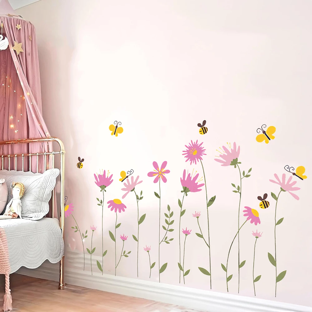 Rosa Blumen mit Bienen und Schmetterlingen Wandaufkleber, Blumen- und Tier-Wanddekoration für Schlafzimmer, Wohnzimmer und Zuhause