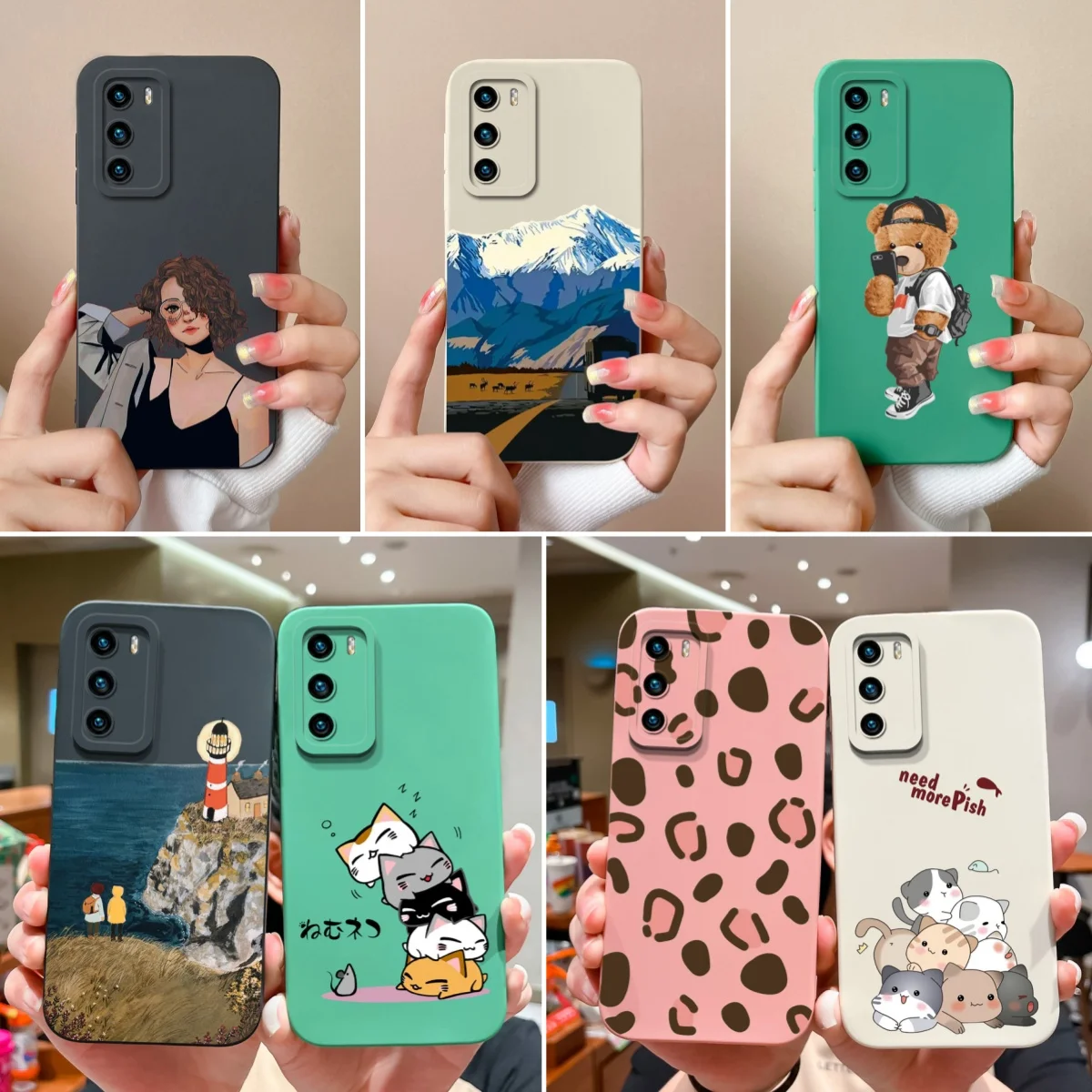 For Huawei P40 Pro Case Cute Cat Soft Liquid Silicone Full Coverage Anti Drop Bumper For HuaweiP40 P 40 P40Pro Candy Funda Shell