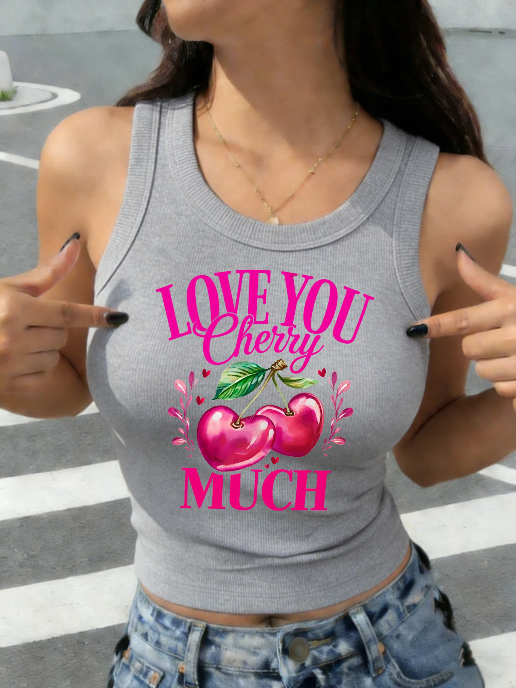 

Love You Cherry Much Print Korean Vest Women Thread Comfortable Sleeveless Camisole All-Match Woman Tank Top Summer Singlet