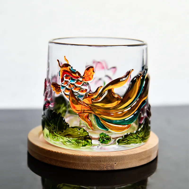 

LMM Guochao stained glass rotary cup with base glass koi lotus cup