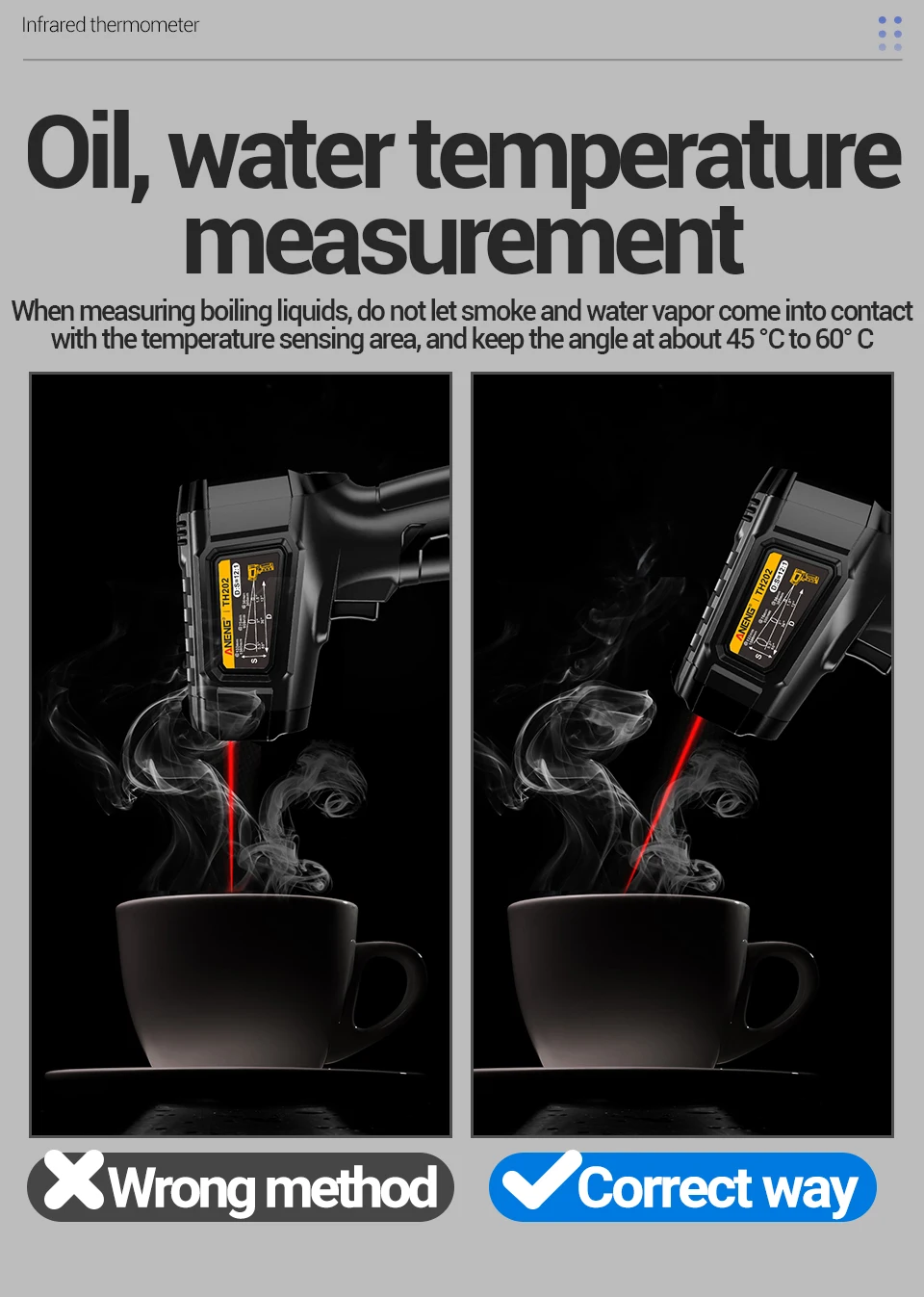 

Digital Infrared Laser Temperature Meter ANENG TH202 Non-contact -50~600℃ LCD display Pyrometer Point Gun Tester Handheld Tools