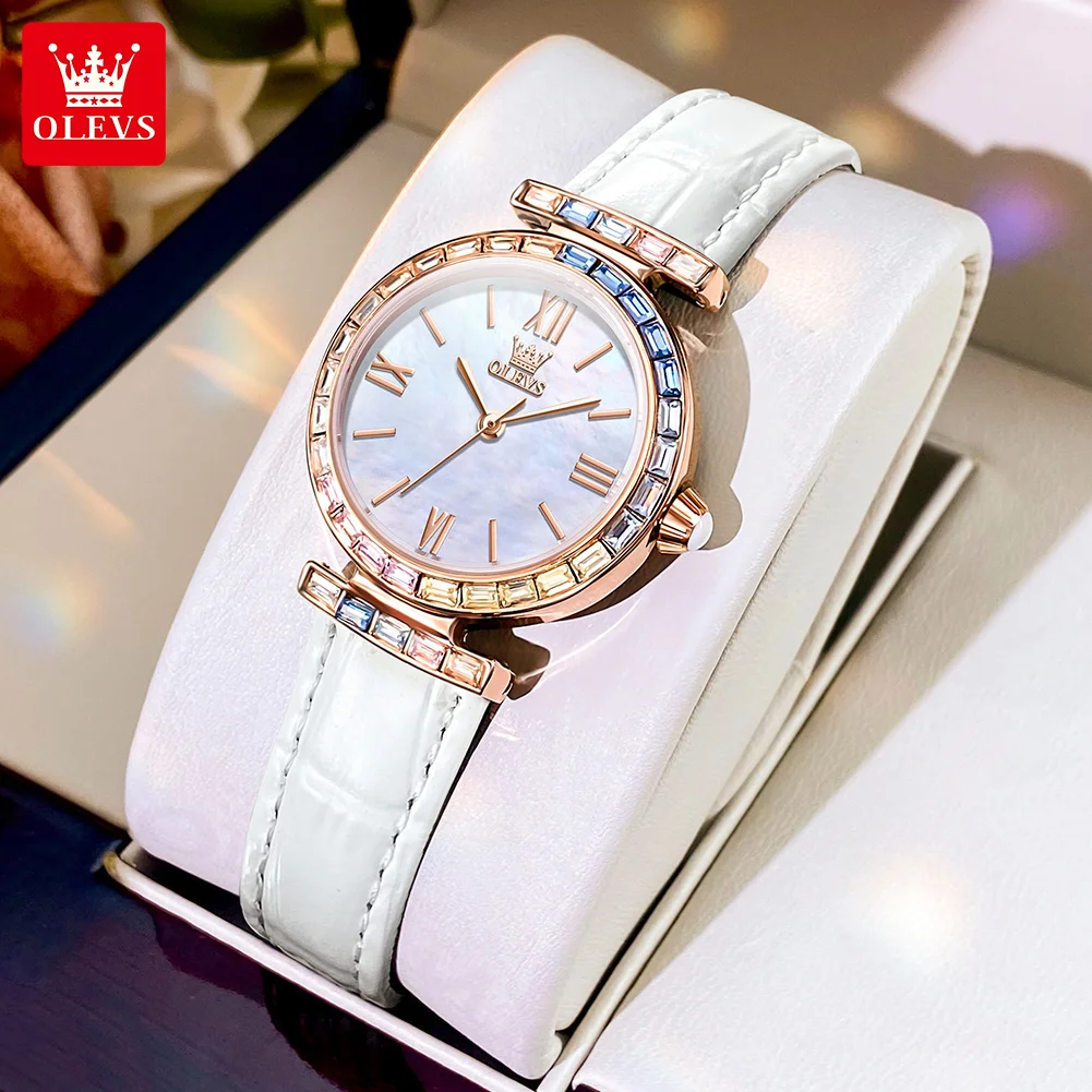 OLEVS Women's Watches Quartz Watch for women Roman Numeral Fashion Wristwatch White Leather Strap Waterproof 9007