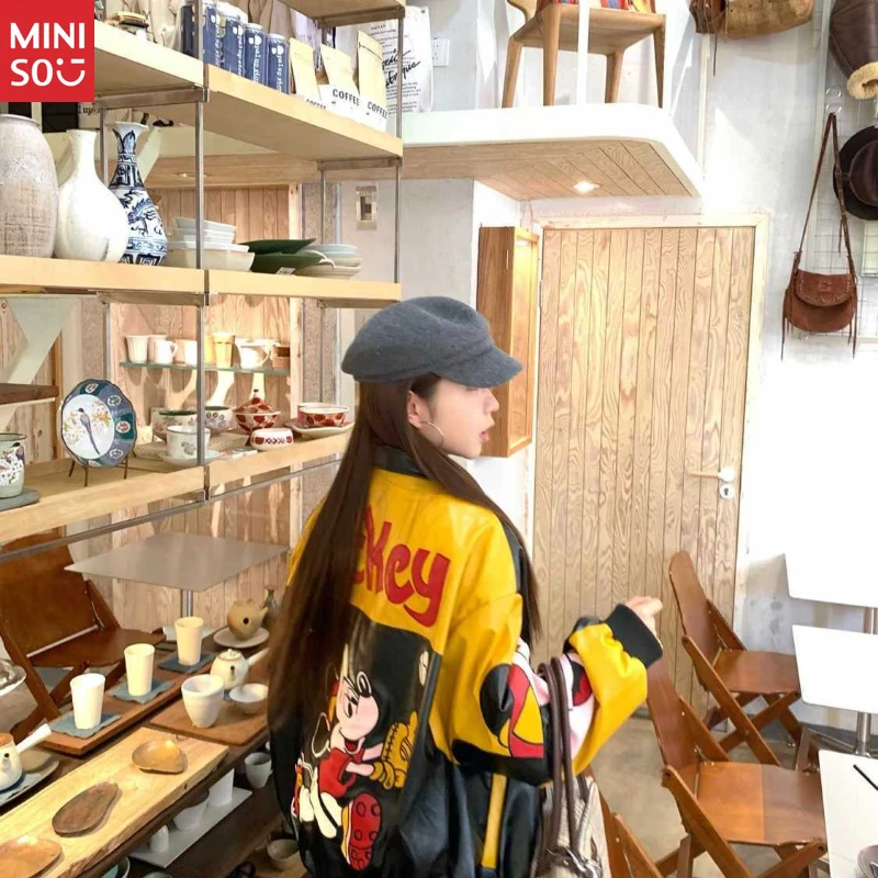 디즈니 미키 가죽 재킷, 컬러블록 노치 칼라 코트, 유니섹스 빈티지 아우터웨어