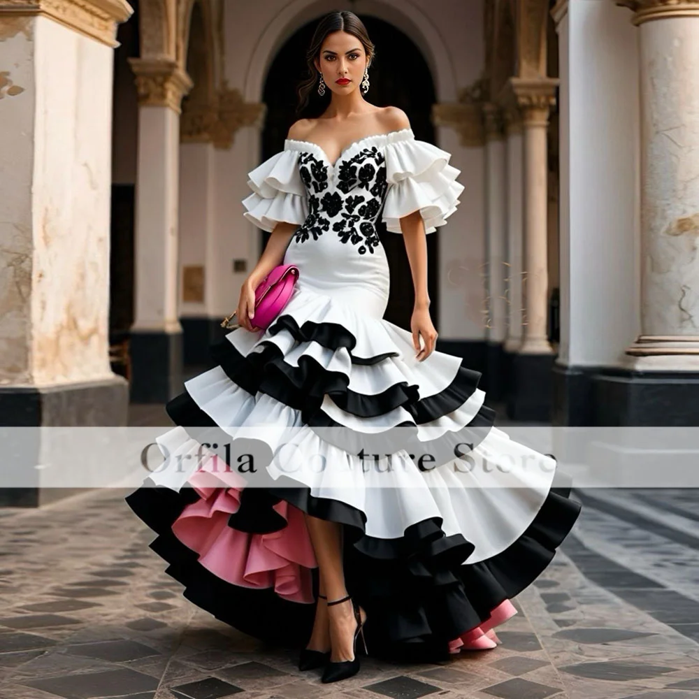 Vestido De fiesta flamenco blanco y negro, vestido De noche elegante con volantes De sirena, vestido Formal De manga corta, vestido De Gala personalizado 2025