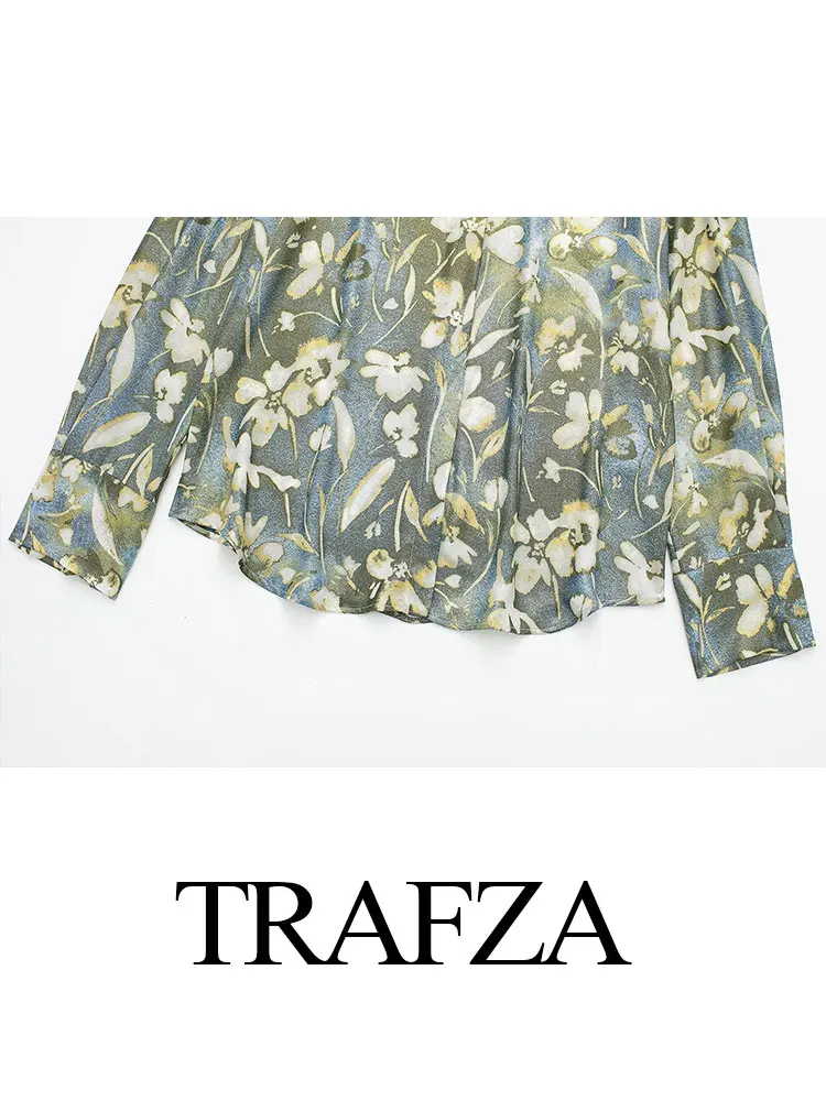 TRAFZA-camisas de manga larga para mujer, blusa holgada informal con solapa y estampado de flores metálicas, Estilo Vintage, primavera, 2024