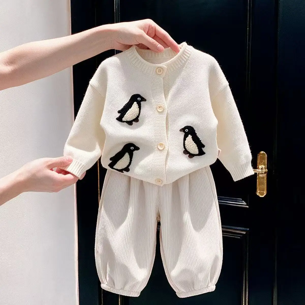 Boys and Girls Set Spring and Autumn New Style Penguin Sweater Knitted Cardigan Corduroy Casual Pants Two Piece Set