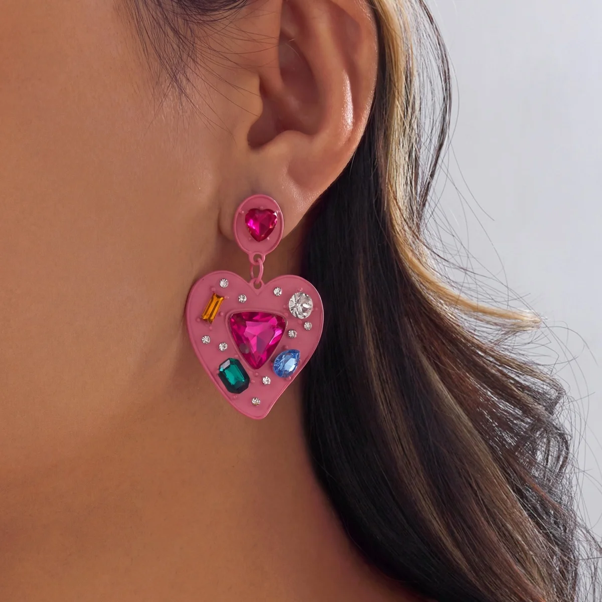 Valentine Day Colorful Rhinestone Pink Enamel Heart Drop Earrings For Women Ice Cream Lipstick Shaped Dangle Earrings Jewelry
